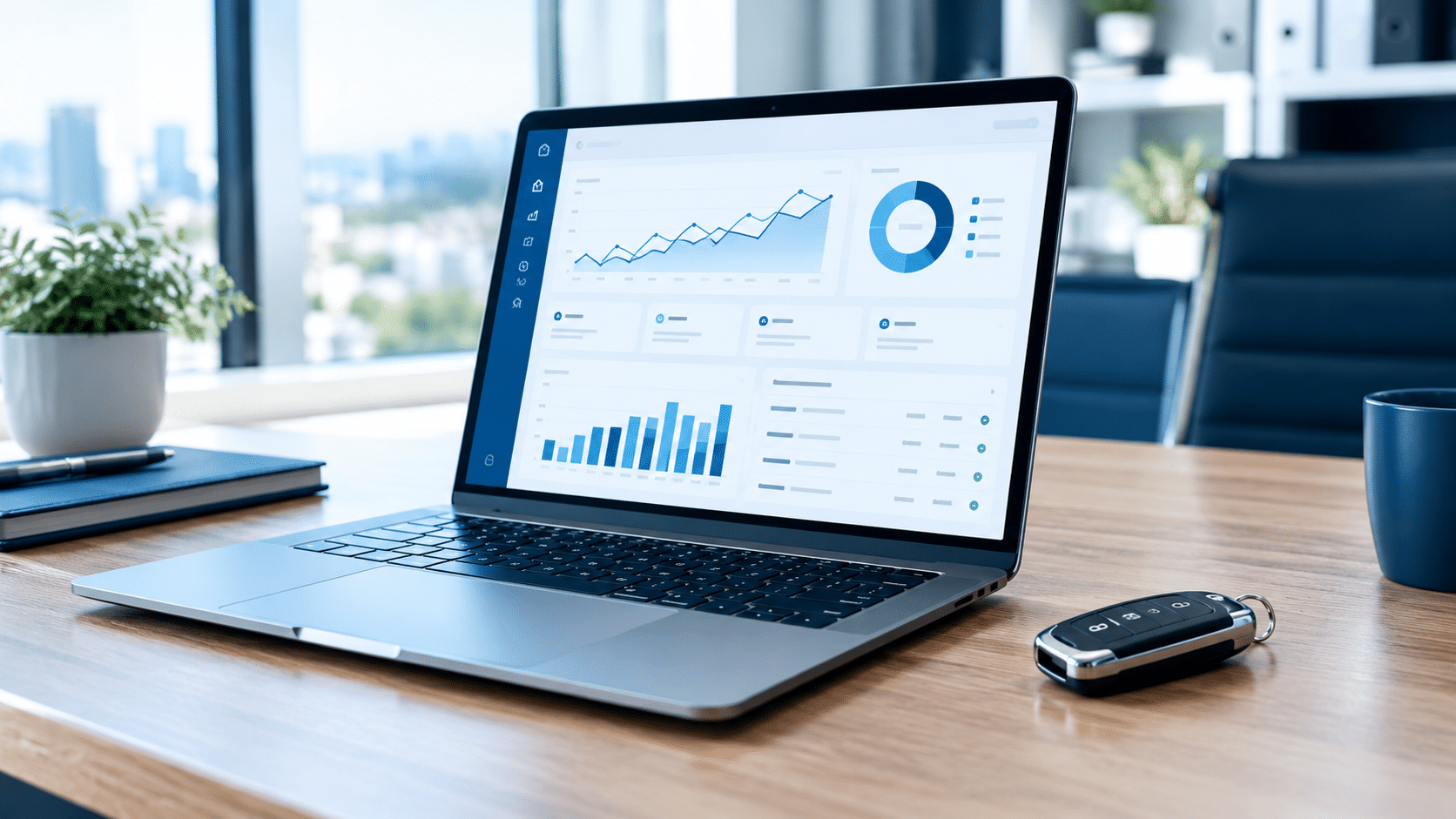 Laptop afișând un soft de management flotă auto și grafice de consum alături de o cheie de mașină